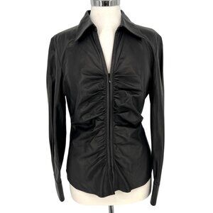 Lafayette 148 Black Leather Ruched Moto Jacket with Full Zip Size 10